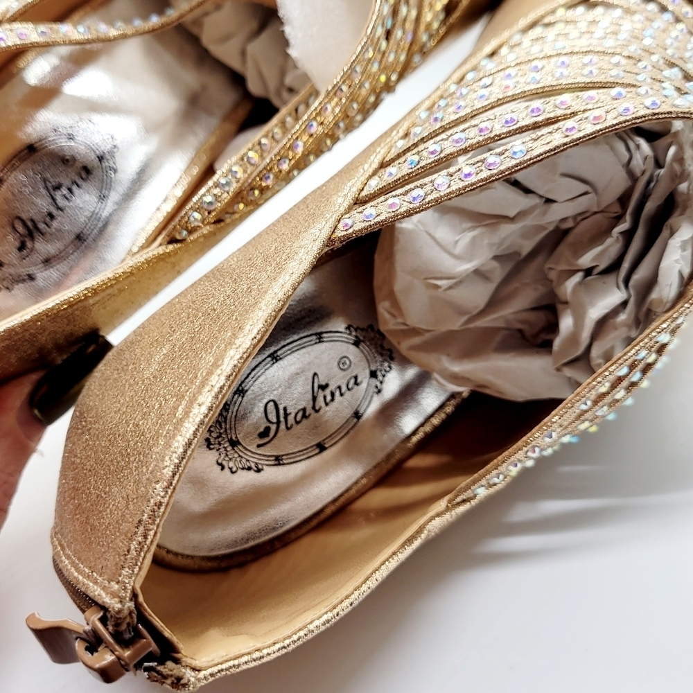New Champagne Gold Rhinestone Embellished Caged Platform Heel Size 7.5 - Picture 12 of 14